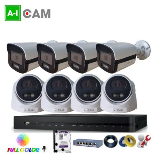 Bộ 8 camera AI-Cam 5.0MP full Color PoE có mic